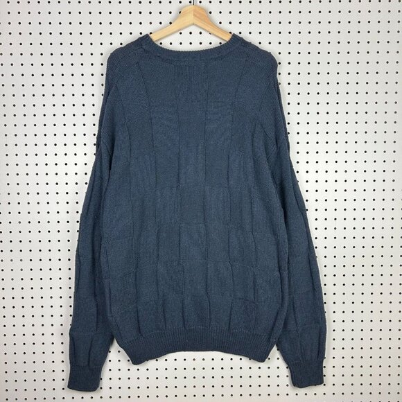 Roundtree & Yorke Chunky Blue Knit Sweater Large Checkered Cosby Grandpa 90s - Picture 4 of 6